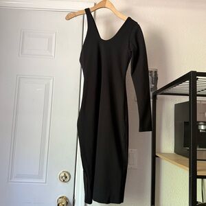 ALIEVA black knit asymmetrical one shoulder long sleeve midi‎ dress bodycon
